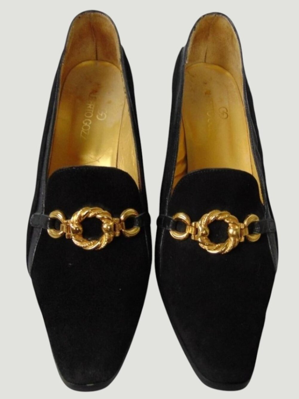 Vintage Alberto Gozzi Horsebit Heels Black Suede Italy 7.5 Gold Hardware